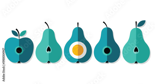 A colorful flat design illustration featuring an apple and four pears in varying teal shades