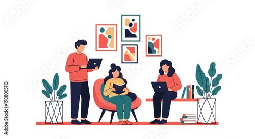 Three people working and reading in a cozy indoor setting.