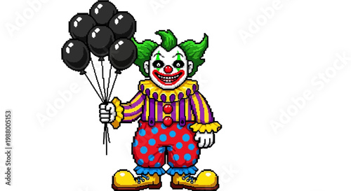 Scary Clown Holding Black Balloons Illustration.