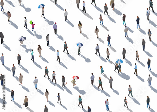 An aerial view depicts a large crowd of diverse people walking on a white background