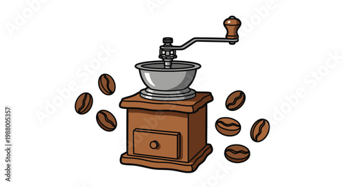 A colorful cartoon illustration depicts a vintage style coffee grinder with scattered coffee beans around it