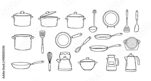 Hand drawn kitchen cookware doodle set with pots pans and utensils illustration isolated on white background