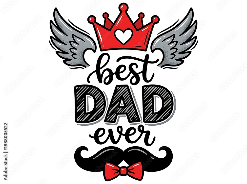 Fototapeta premium Best Dad Ever Typography Design with Crown Wings and Mustache