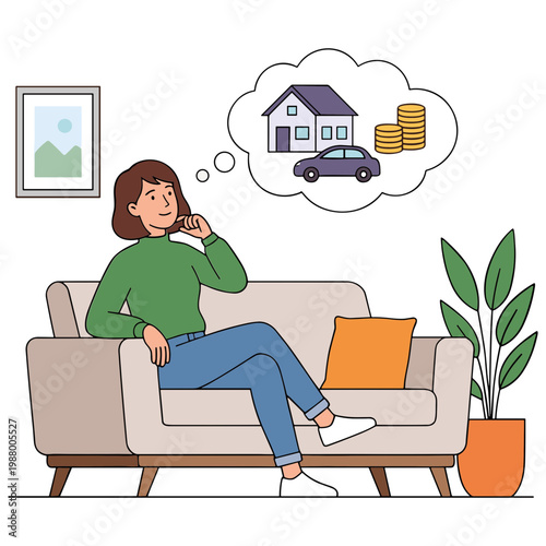 Woman on sofa thinking about house, car, and money while on phone