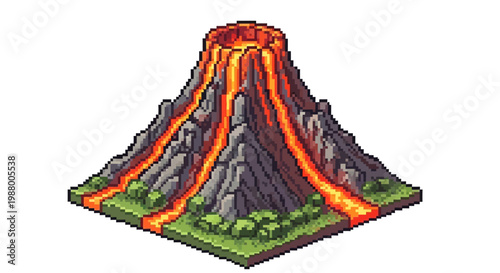 Pixel Art Volcano Erupting Lava Flow Isometric View.