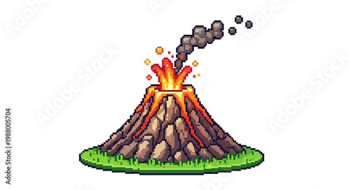 Pixel Art Volcano Erupting with Lava and Smoke.