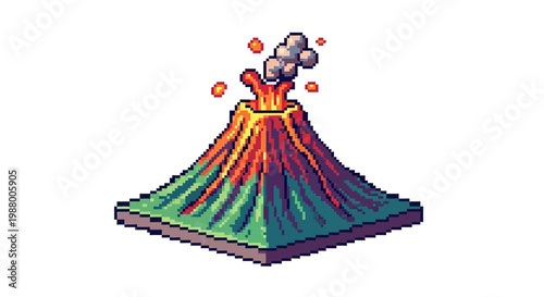 Pixel Art Volcano Erupting with Lava and Smoke.