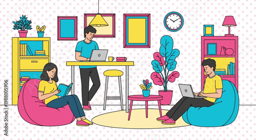 Three people working and studying in a modern living room.