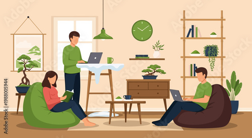 Three people working remotely in a cozy living room setting.