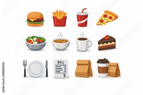 Assorted fast food and beverage icons including burger, fries, and coffee