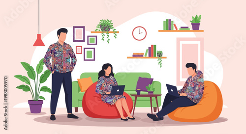 Three people working on laptops in a relaxed setting.