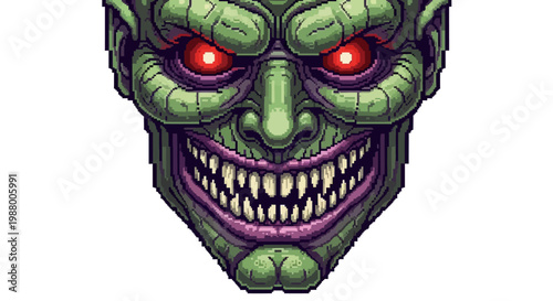 Scary Green Goblin Face with Red Eyes and Sharp Teeth.