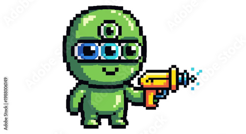 Pixel Art Green Alien Character Holding a Ray Gun.