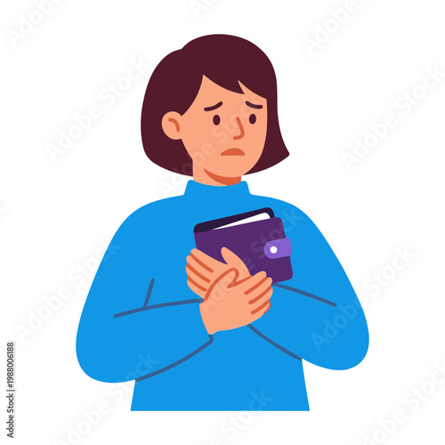 Woman holds her wallet with a worried expression on her face indoors.