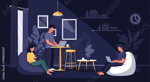 Three people working on laptops in a cozy room.