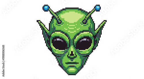 Pixel Art Green Alien Head with Antennae.