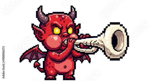 Pixel Art Red Devil Character Playing a Trumpet.