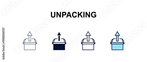 unpacking multi-style outline icon set - delivery concept. Thin line, regular, filled, colored unpacking icon