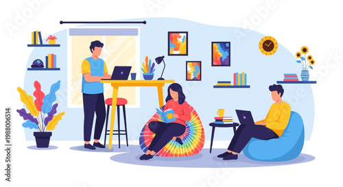 Three people working on laptops in a modern co-working space.