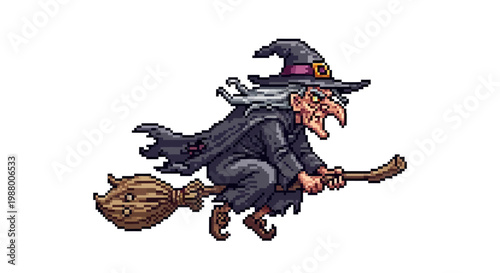 Pixel Art Witch Flying Broomstick Halloween Character.