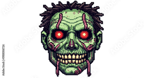 Scary Zombie Head with Glowing Red Eyes and Rotting Flesh.