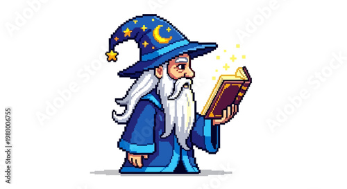 Pixel Art Wizard Reading a Magical Spell Book.