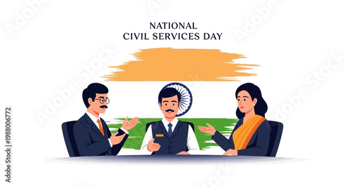 Vector illustration depicting Indian government officials in a meeting to commemorate National Civil Services Day, set against the backdrop of the Indian flag with a clean white background