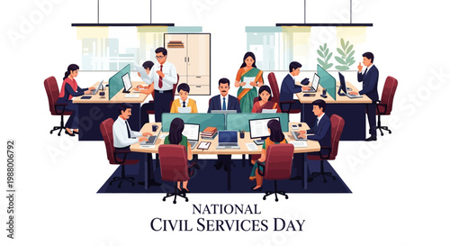 Illustration showcasing Indian civil servants at work on National Civil Services Day, depicting them collaborating at their desks in a bright office environment with a clean, professional