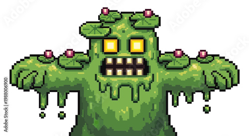 Pixel Art Green Slime Monster Character.