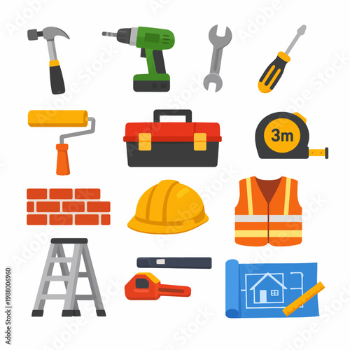 Construction tools set with helmet, toolbox, ladder, and blueprints