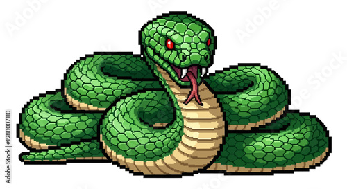 Pixel Art Green Snake Coiled Ready to Strike.