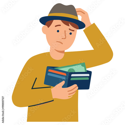 Man holds wallet with cash and card while scratching head in confusion indoors