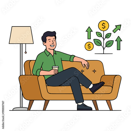 Man sitting on brown sofa with coffee cup laughing and looking at growing money plant with arrows