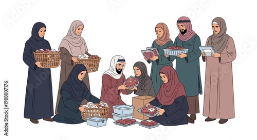 A group of Muslim people, rendered in a flat vector illustration style, are shown packing and sharing meat for an Eid charity event, with a focus on community donation and family well-being