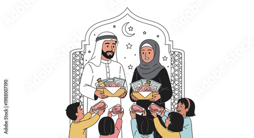 A cheerful Muslim family is depicted in a vector illustration, sharing meat as part of an Eid charity donation concept, set against a white background with mosque design elements