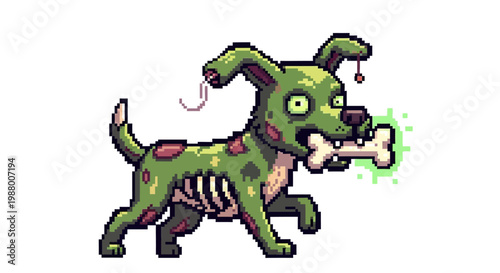 Pixel Art Zombie Dog Holding Bone Glowing Green.