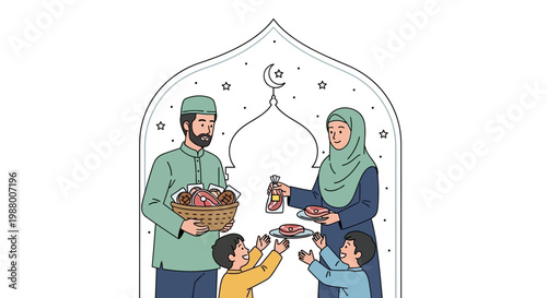 Flat vector illustration featuring a Muslim family participating in eid charity, with parents sharing food from a basket and children receiving donations on plates against a clean white