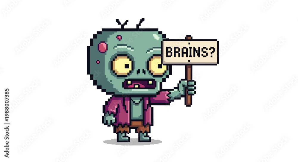Fototapeta premium Pixel art zombie holding a sign asking for brains.