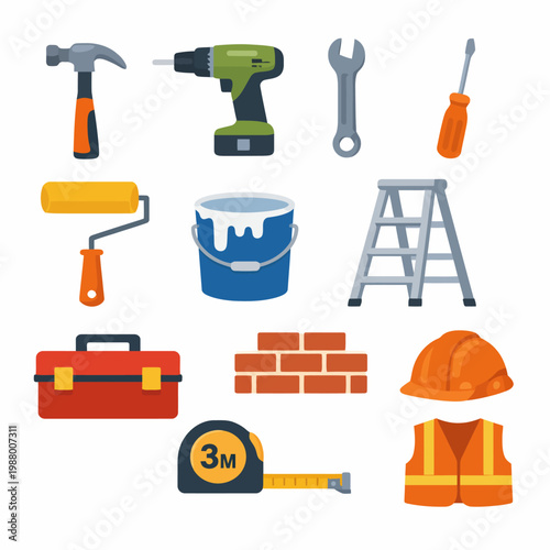 Collection of construction tools and safety gear including drill and hard hat