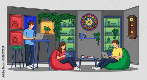 Young people working on laptops in a modern coworking space.