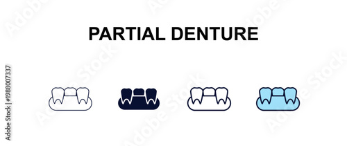 partial denture multi-style outline icon set - dentist concept. Thin line, regular, filled, colored partial denture icon