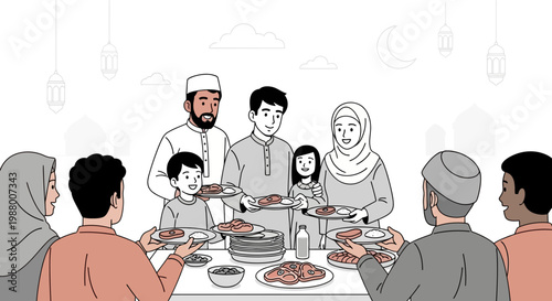 A heartwarming vector illustration shows a Muslim family sharing a meal, highlighting an Eid charity donation with people gathered around a table offering food and meat in a bright