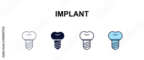 implant multi-style outline icon set - dentist concept. Thin line, regular, filled, colored implant icon