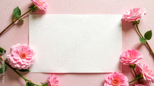 Invitation card mockup design with pink gerbera flowers, gift certificate, top view. Mother's or women's day greeting card template, paper blank business card. Pink background sunlight shadow.