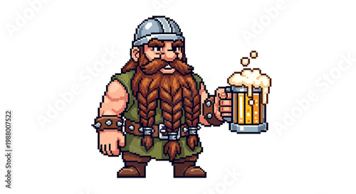 Pixel Art Dwarf Holding a Frothy Beer Mug.
