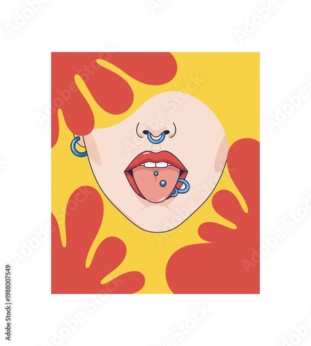 Close-up illustration of a young woman's face with multiple piercings and tongue sticking out.