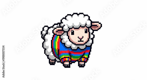 Pixel Art Sheep Wearing a Rainbow Striped Sweater.