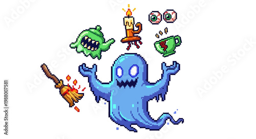 Spooky Ghost Character with Halloween Elements Collection.
