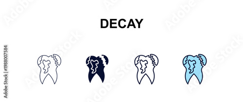decay multi-style outline icon set - dentist concept. Thin line, regular, filled, colored decay icon