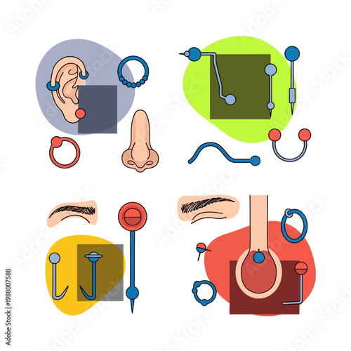Collection of illustrations depicting various types of body piercings and jewelry for ears, nose, and eyebrows.
